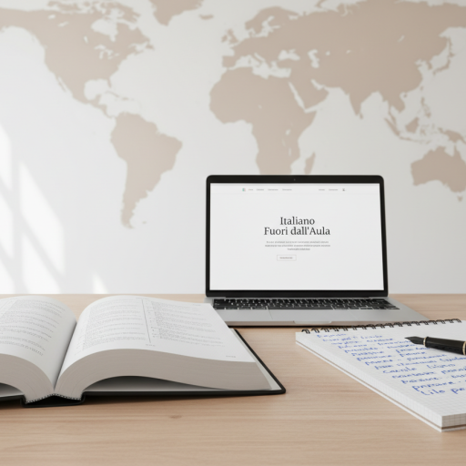 A neatly arranged study desk dedicated to learning Italian, featuring an open Italian-Italian dictionary with crisp white pages and clear black serif text, a sleek silver laptop displaying a simple homepage titled “Italiano Fuori dall'Aula,” and a spiral notebook filled with handwritten Italian vocabulary in blue ink. The desk rests on a light oak surface against a clean white wall with a minimal world map in soft beige tones. Soft morning daylight enters from the left, creating gentle shadows and a calm, focused atmosphere. Photographed at eye level with a slight angle, sharp focus in the foreground and a subtly blurred background, in a clean, modern, photographic realism style that feels professional and inviting.