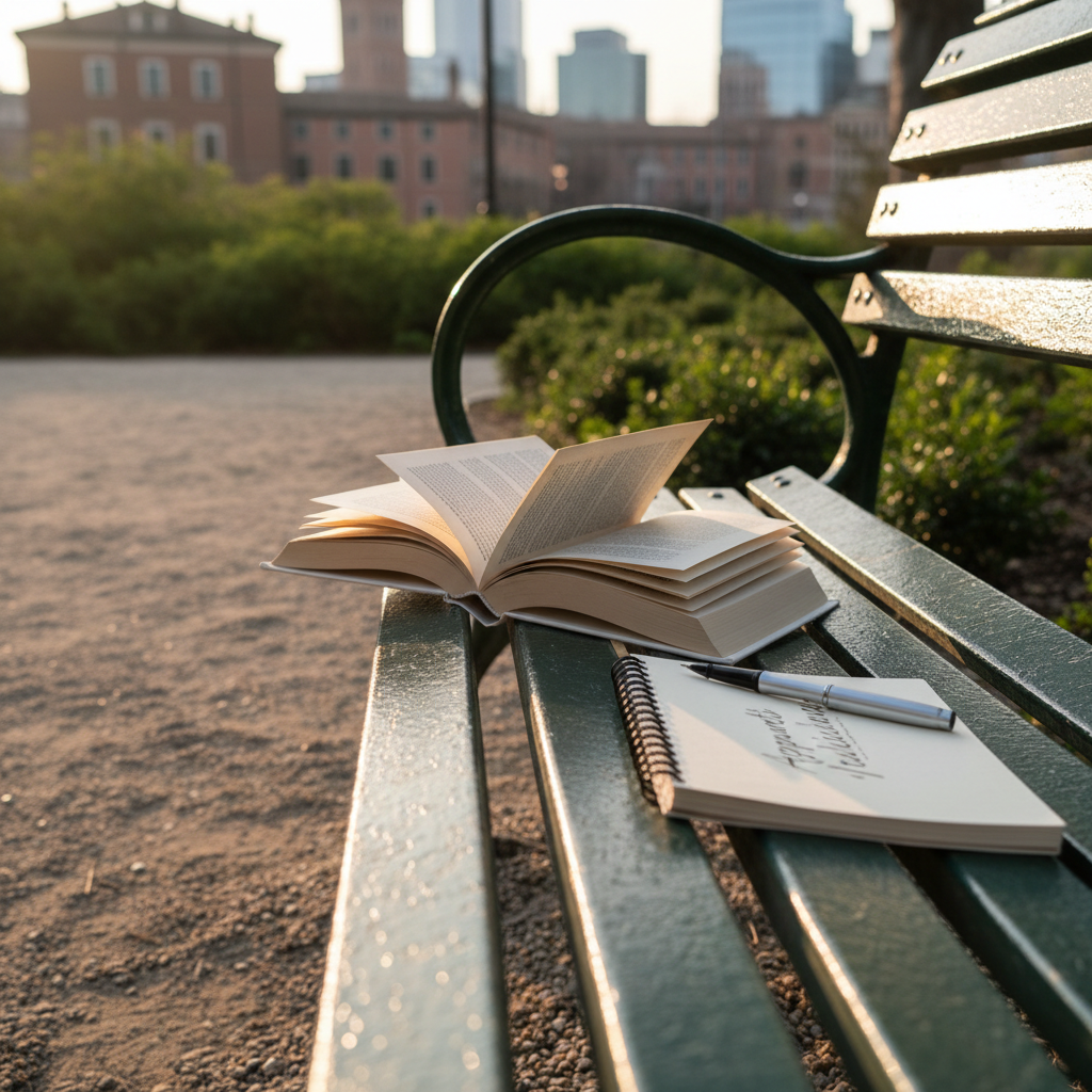 An urban park bench serving as an outdoor Italian study spot, with an Italian paperback novel lying open, its cream-colored pages slightly curved, next to a slim notebook titled “Appunti di Italiano” and a fine-point pen. The bench is dark green painted metal with a bit of texture, set on a gravel path lined with soft-focus greenery and distant buildings hinted in the background. Late afternoon golden-hour sunlight slants across the scene, creating warm highlights on the book pages and gentle elongated shadows. Captured from a low, side angle with the open book in sharp focus and background bokeh, the photographic style is realistic, professional, and quietly inspiring, emphasizing studying Italian in everyday environments.