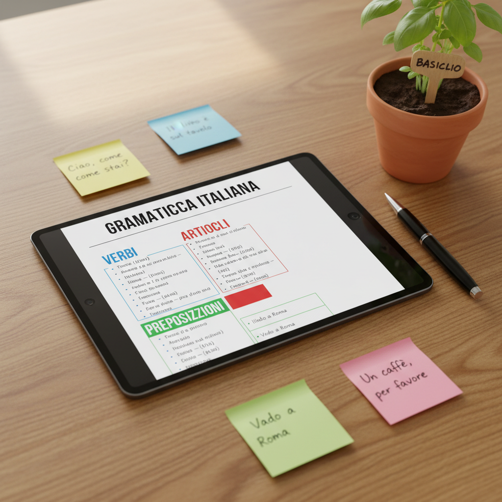A close-up of a tablet on a wooden table displaying a structured Italian grammar lesson, with clearly labeled sections like “verbi,” “articoli,” and “preposizioni” in a modern sans-serif font. Surrounding the tablet are color-coded sticky notes with neatly written Italian phrases, a slim black pen, and a small terracotta pot holding a green herb plant labeled “basilico.” Soft diffused daylight from an unseen window illuminates the scene, creating a balanced, professional mood. The composition uses the rule of thirds with a shallow depth of field so the lesson on the tablet is in sharp focus while the table texture and background blur gently, in a realistic, clean, photographic style suitable for an educational website.