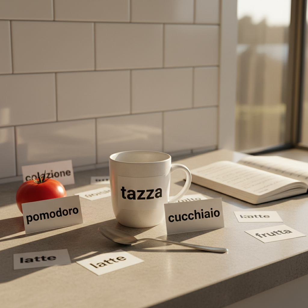 A tidy kitchen counter transformed into an Italian learning space, with vocabulary flashcards spread around common objects: a white ceramic mug labeled “tazza,” a shiny metal spoon labeled “cucchiaio,” and a ripe red tomato labeled “pomodoro,” each in clear black print. The counter is a smooth light-gray stone, set against simple white subway tiles. Warm afternoon sunlight filters in from the right, casting soft, natural shadows and subtle highlights on the glossy surfaces. Shot from a slightly elevated angle with moderate depth of field, the focus rests on the flashcards and objects while the background gently recedes. The mood is practical and encouraging, with a bright, photographic realism aesthetic reinforcing the idea of learning Italian outside the classroom.